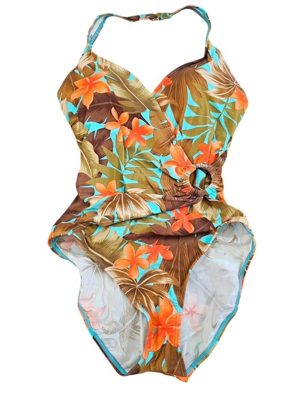 Beach Bay Womens Sz 8 One Piece Swimsuit Halter Brown Blue Palm Print